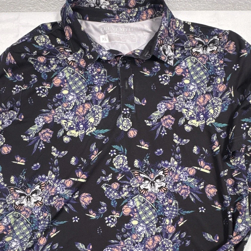 Grunt Style Men's XL Golf Polo Floral Skull Butterfly Performance Stretch Shirt